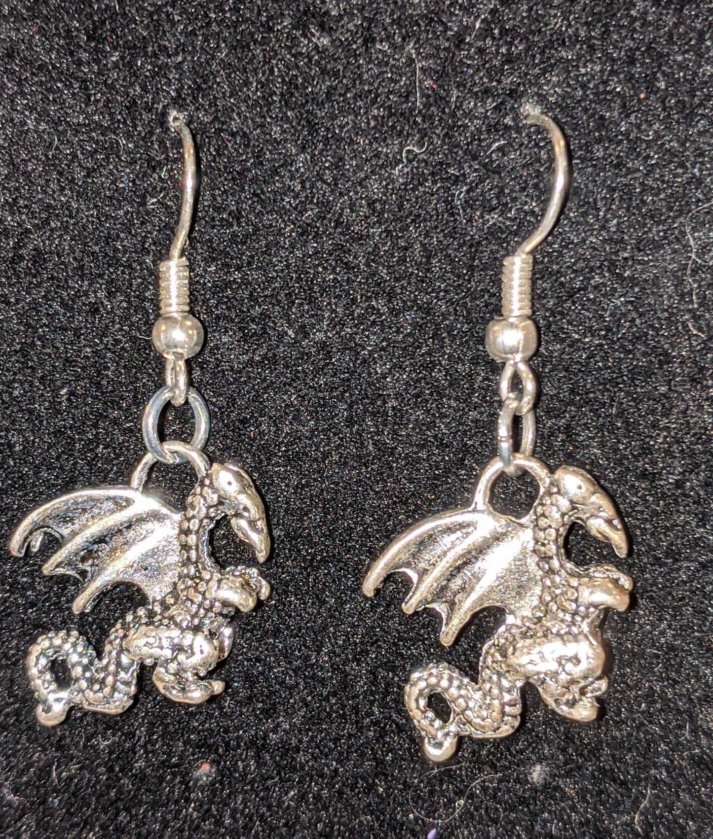Adorable Silver Toned Dragon Dangle Earrings Beaded Earrings Dragon & Wolf Designs