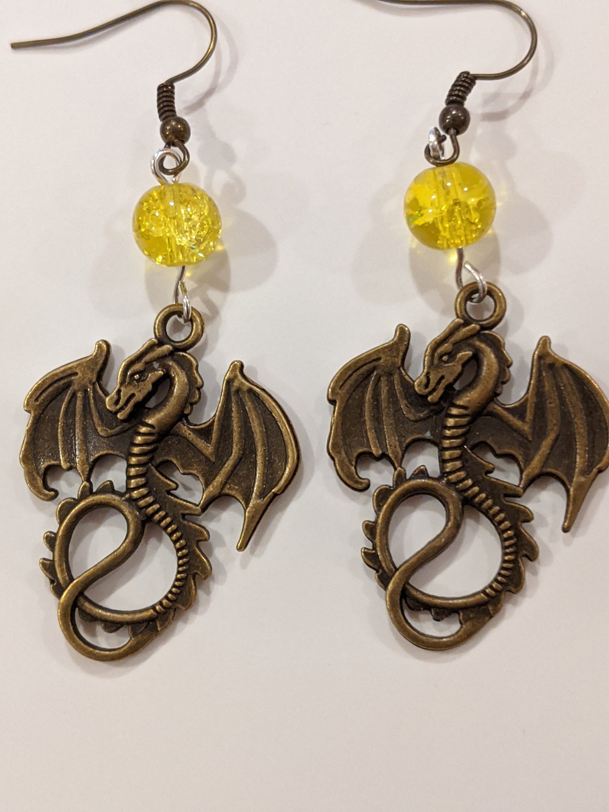 Dragon and Yellow Glass Bead Dangle Earrings Beaded Earrings Dragon & Wolf Designs