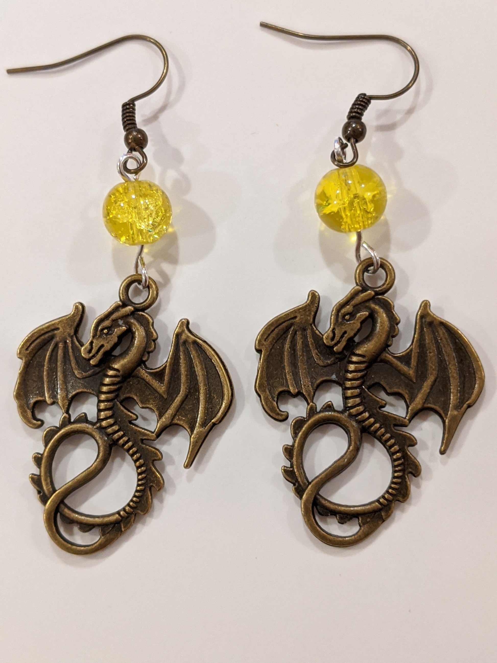 Dragon and Yellow Glass Bead Dangle Earrings Beaded Earrings Dragon & Wolf Designs