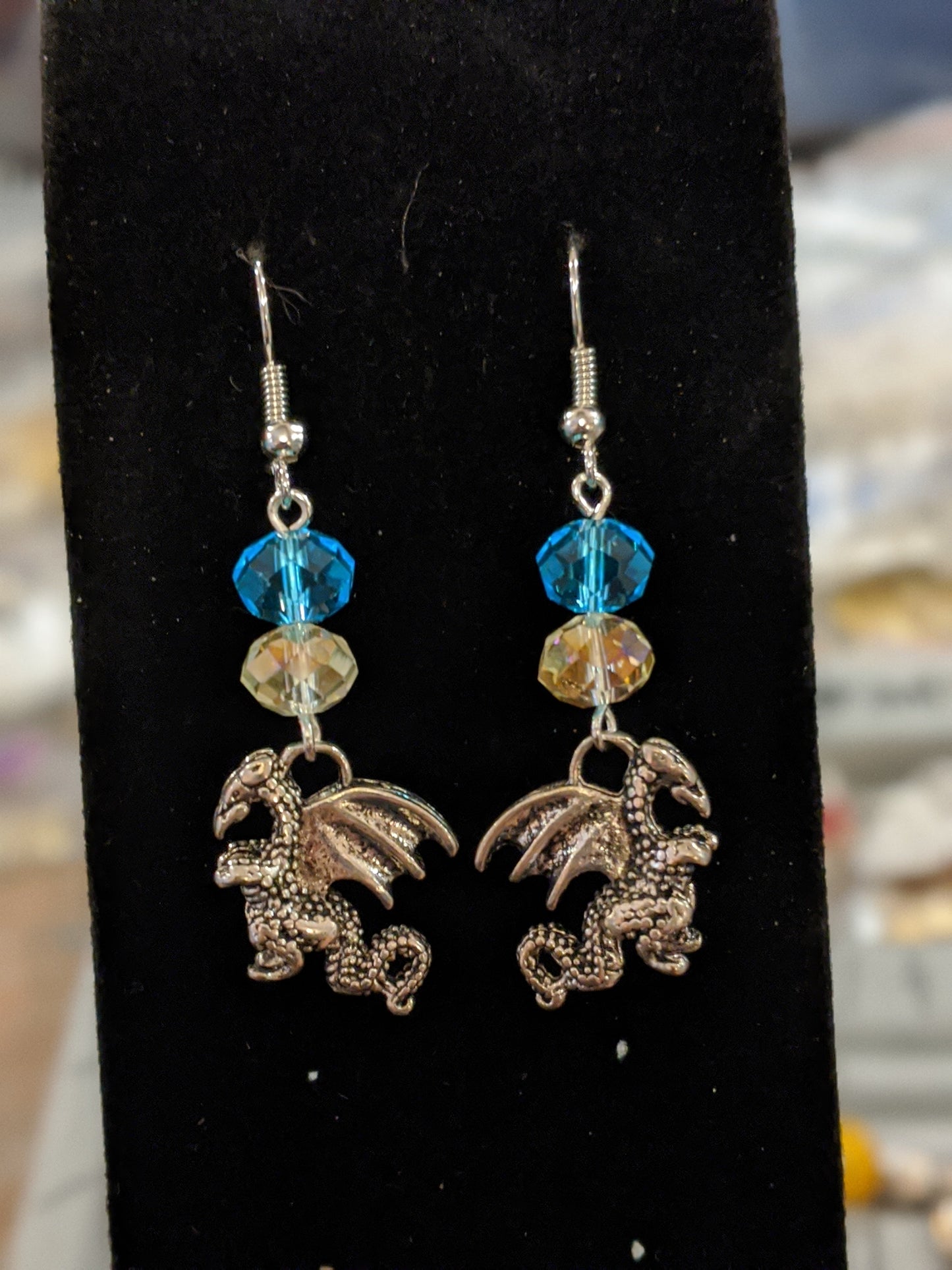 Adorable Silver Toned Dragon Dangle Earrings Beaded Earrings Dragon & Wolf Designs Beaded