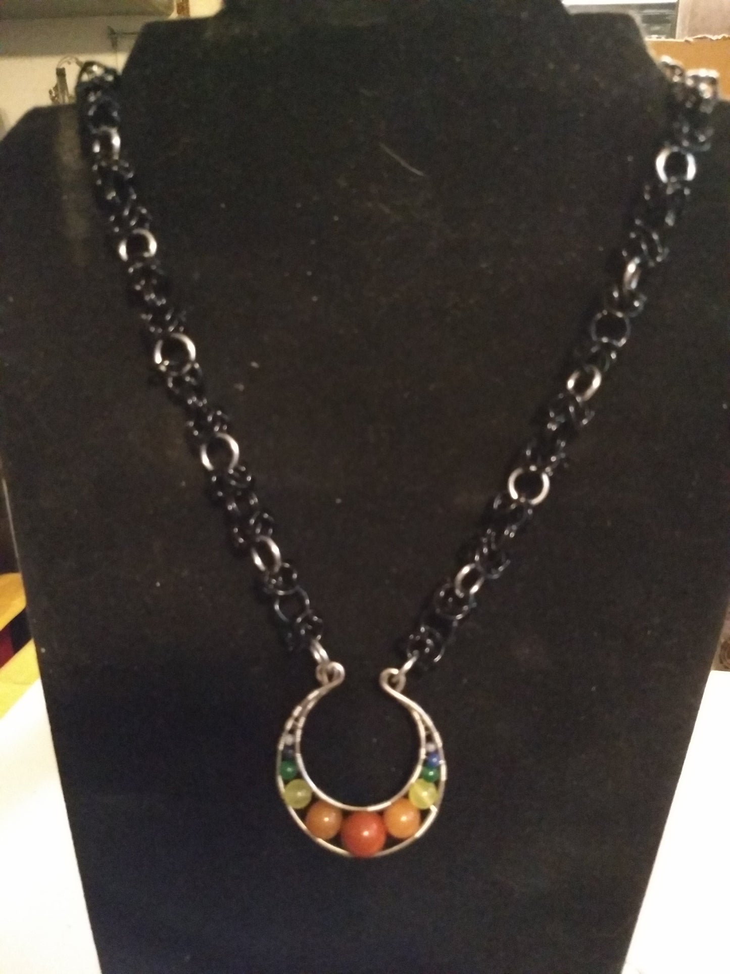 Handcrafted chainmail necklace with wire wrapped natural stone pendant Chainmail Necklaces Dragon & Wolf Designs