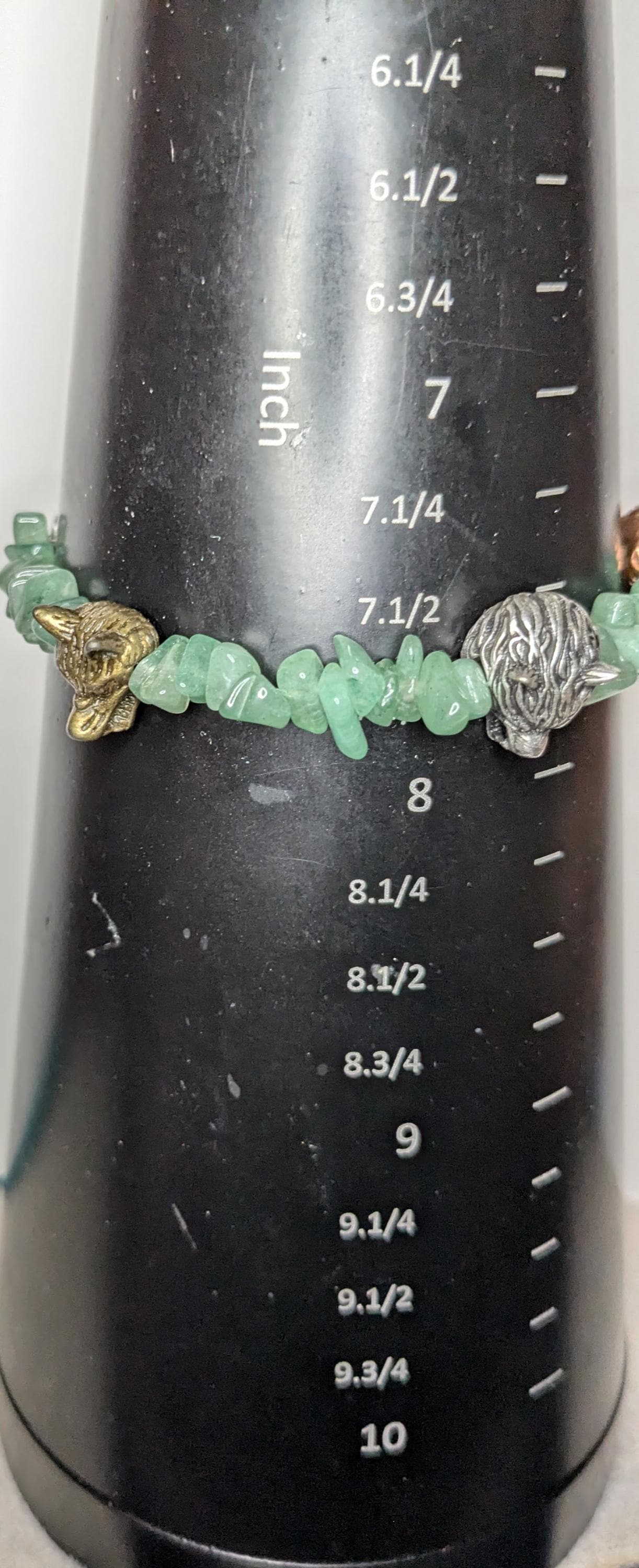 Close up of bracelet on a mandrel showing the bracelet is 7.5 inches