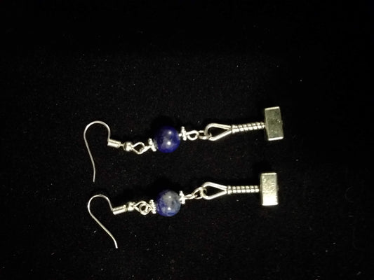 Beaded Silver Toned Hammer Charm Dangle Earrings Beaded Earrings Dragon & Wolf Designs lapis lazuli, pewter