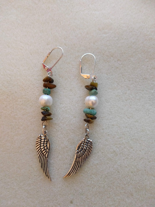Lovely tigers eye, turquoise and freshwater pearl beaded earrings with silver wing Beaded Earrings Dragon & Wolf Designs