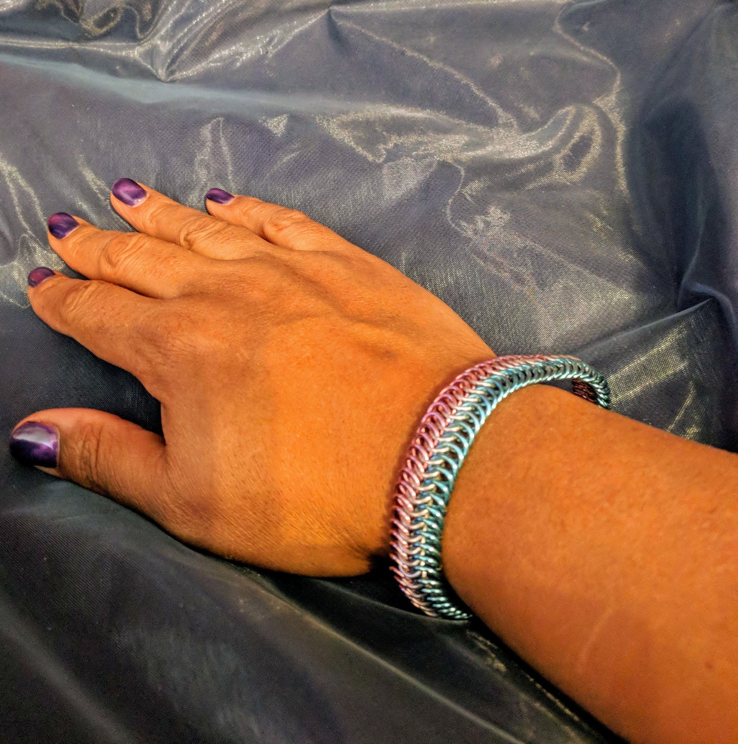 Gorgeous serpentine chainmail bracelets Chainmail Bracelets Dragon & Wolf Designs Trans Pride (large rings)