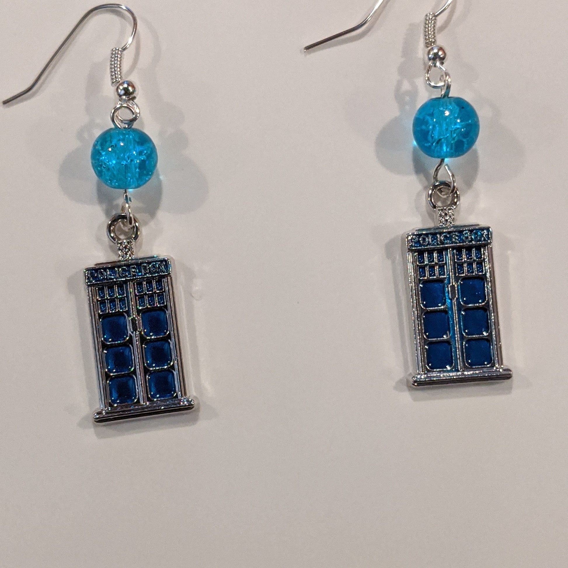 Police Call Box Earrings Dangle Earrings Dragon & Wolf Designs Blue crackle bead