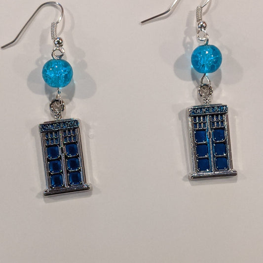 Police Call Box Earrings Dangle Earrings Dragon & Wolf Designs Blue crackle bead