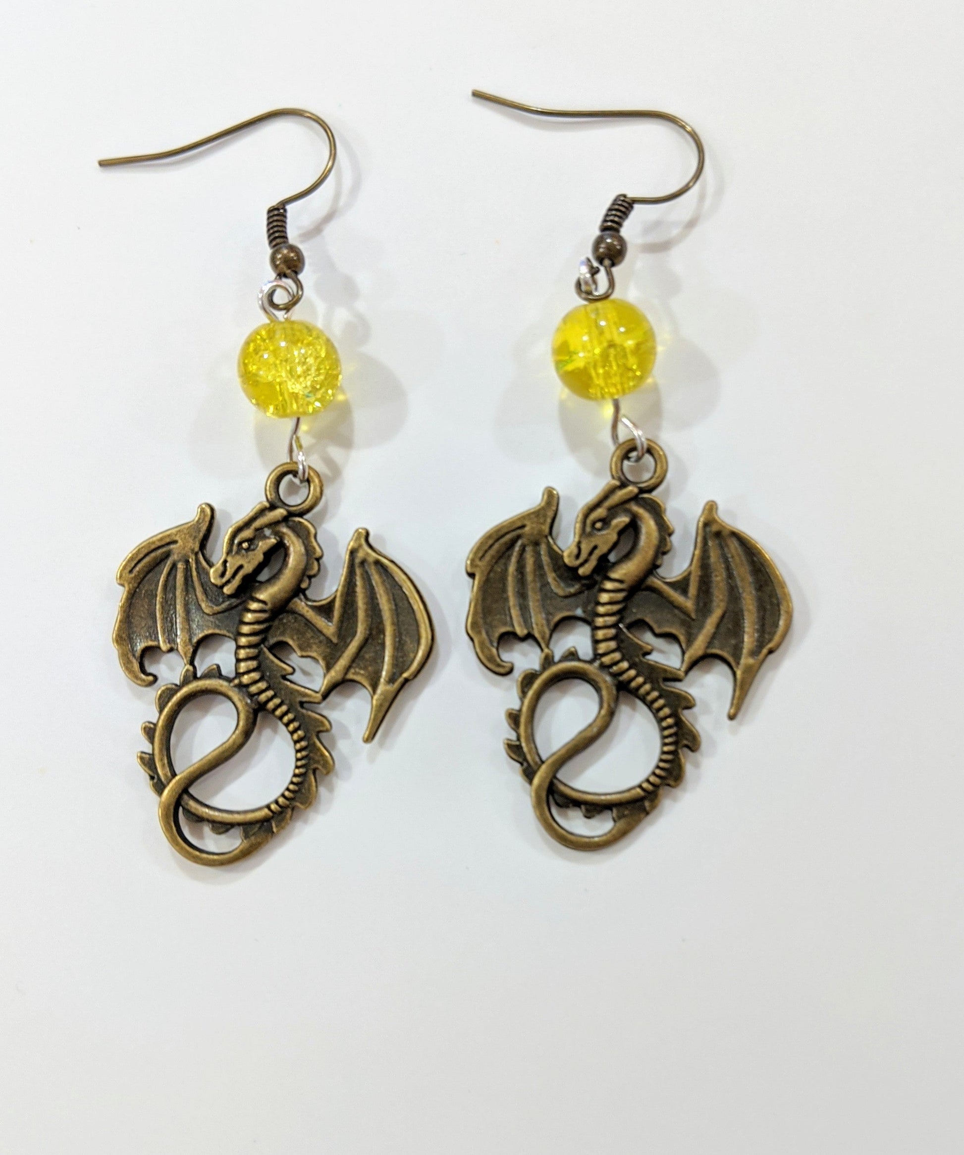 Dragon and Yellow Glass Bead Dangle Earrings Beaded Earrings Dragon & Wolf Designs