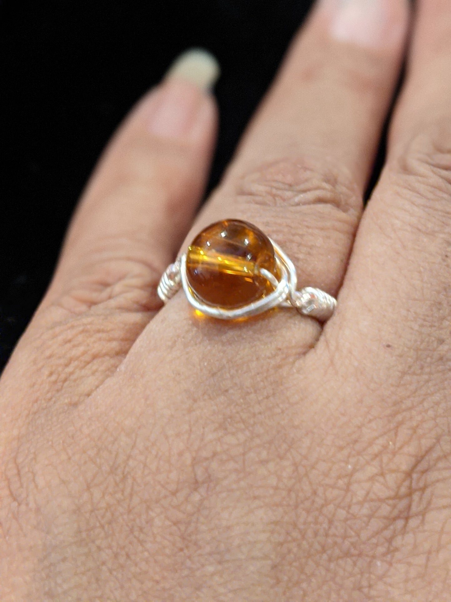 Wire Wrapped Gemstone Rings Rings Dragon & Wolf Designs Amber Glass