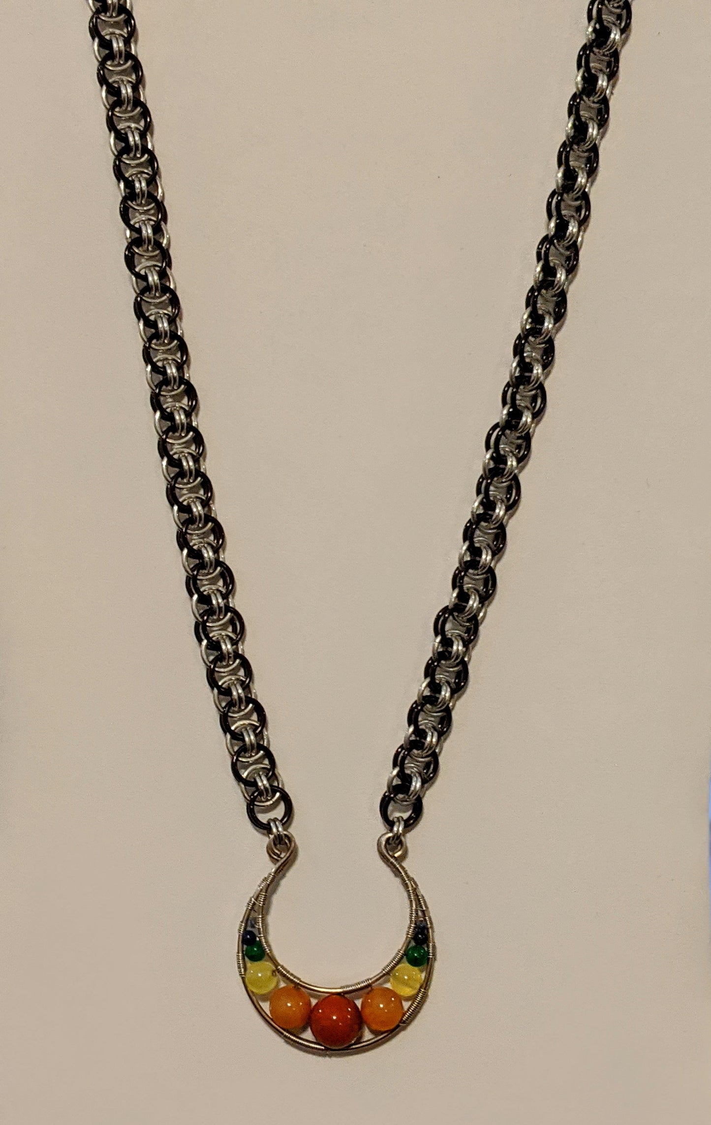 Handcrafted chainmail necklace with wire wrapped natural stone pendant Chainmail Necklaces Dragon & Wolf Designs Helm