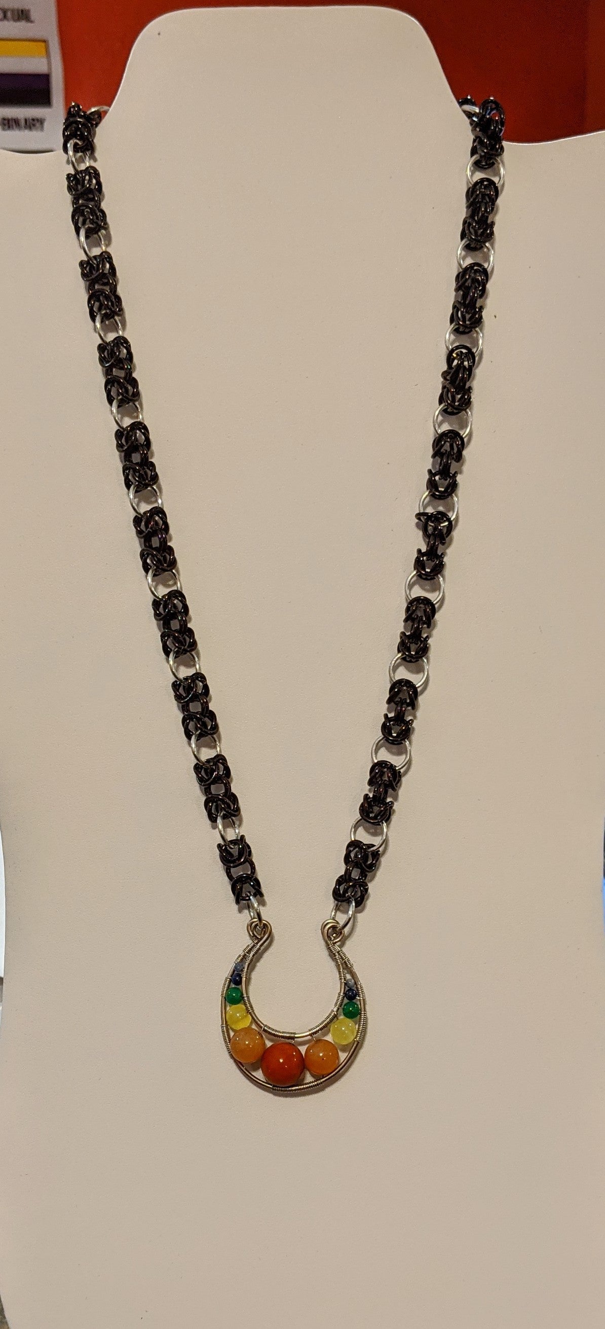 Handcrafted chainmail necklace with wire wrapped natural stone pendant Chainmail Necklaces Dragon & Wolf Designs Modified Byzantine Long