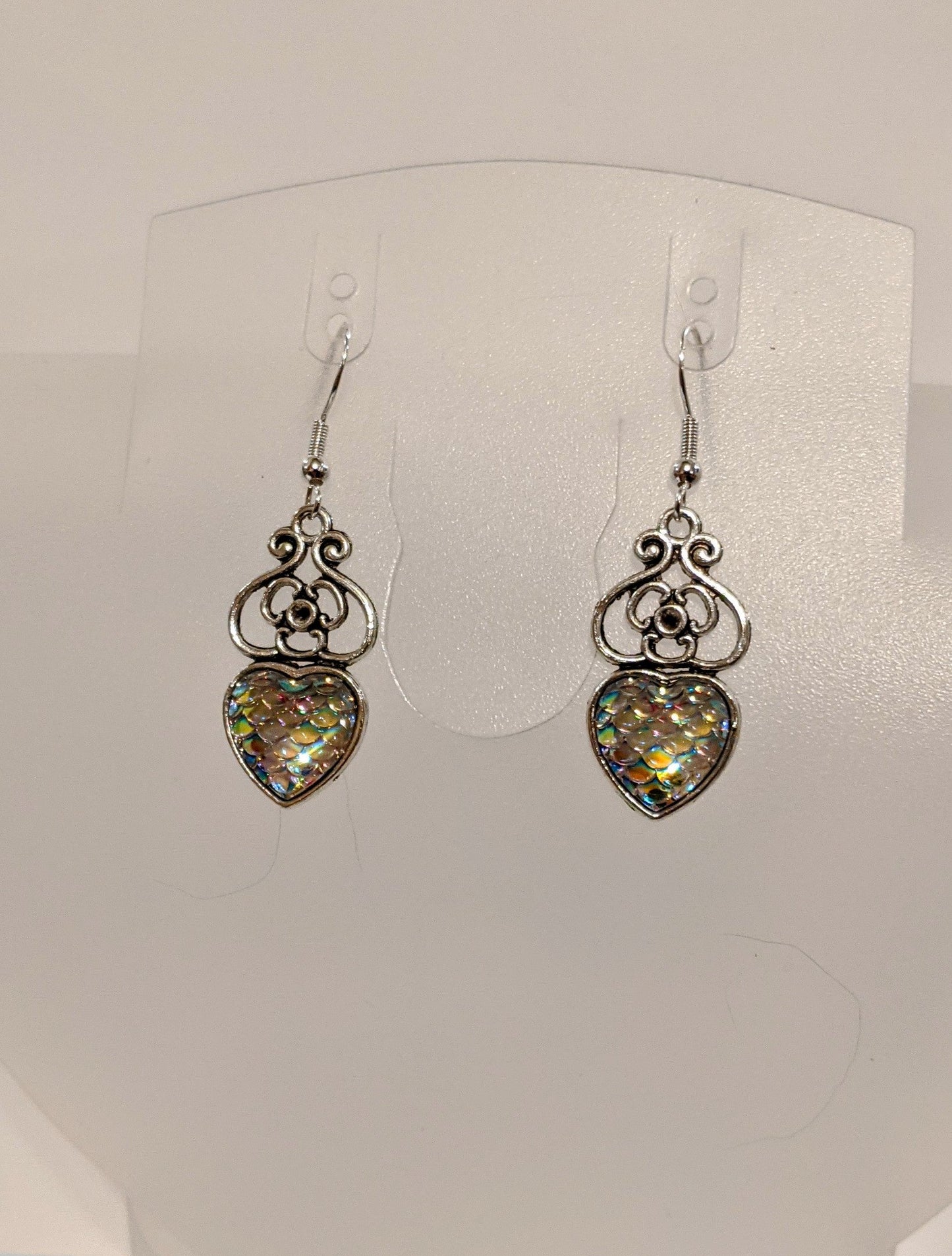 Iridescent Scale Charm Dangle Earrings Beaded Earrings Dragon & Wolf Designs Heart iridescent