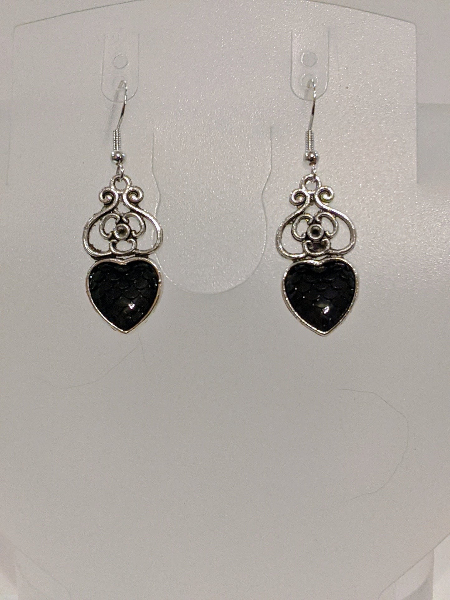 Iridescent Scale Charm Dangle Earrings Beaded Earrings Dragon & Wolf Designs Heart black