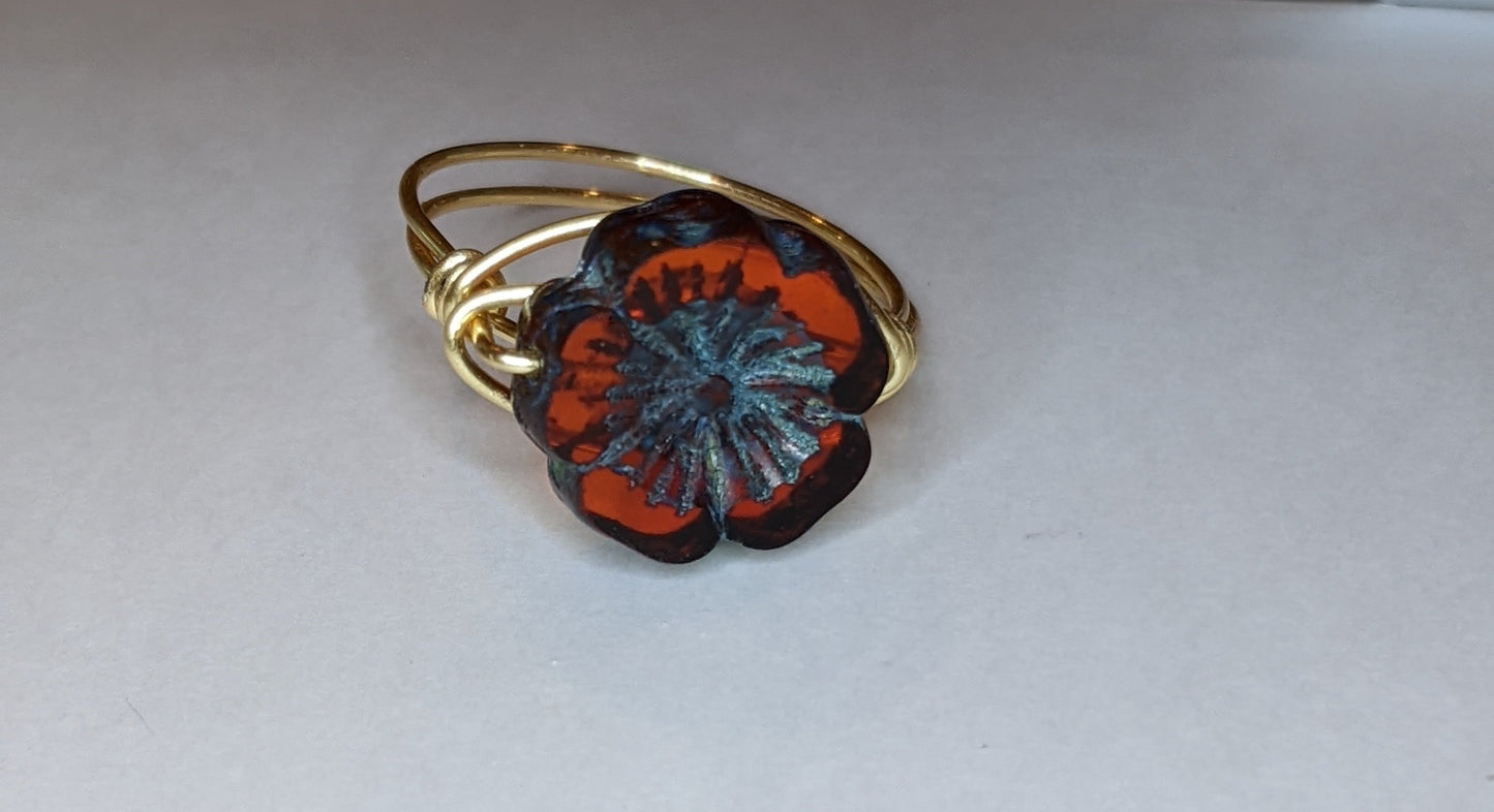 Wire Wrapped Gemstone Rings Rings Dragon & Wolf Designs Czech Pressed Glass Flower