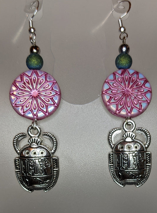 Mandala Scarab Dangle Earrings Dragon & Wolf Designs