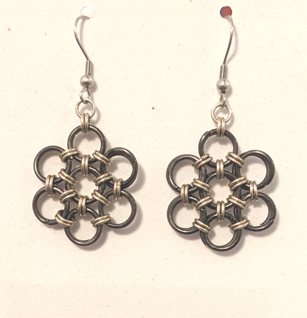 Japanese Flower Earrings Chainmail Earrings Dragon & Wolf Designs