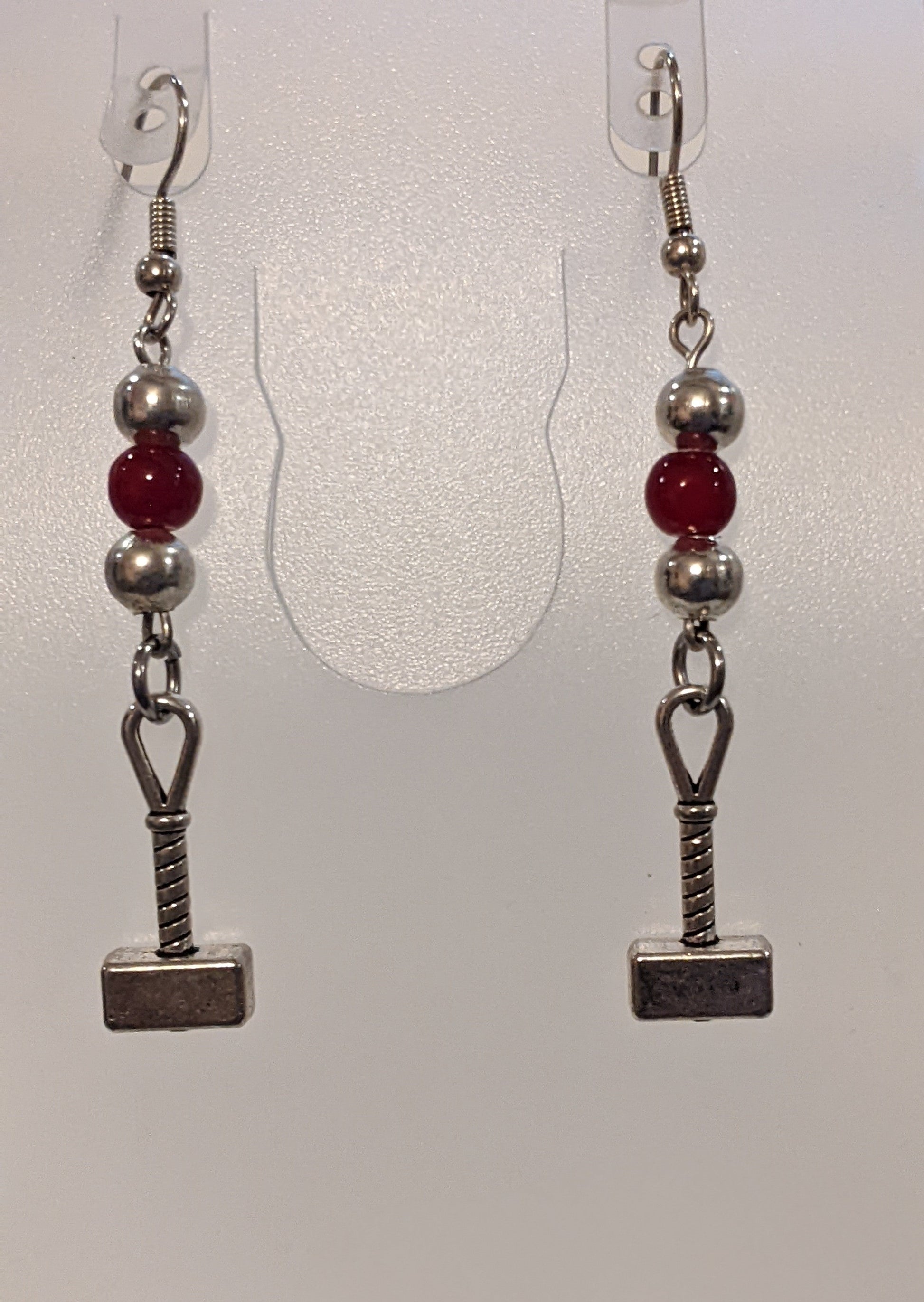 Beaded Silver Toned Hammer Charm Dangle Earrings Beaded Earrings Dragon & Wolf Designs red glass, pewter