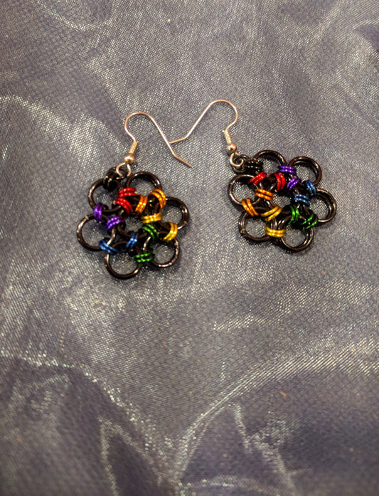 Chainmail flower pride earrings Chainmail Earrings Dragon & Wolf Designs LGBTQ Black
