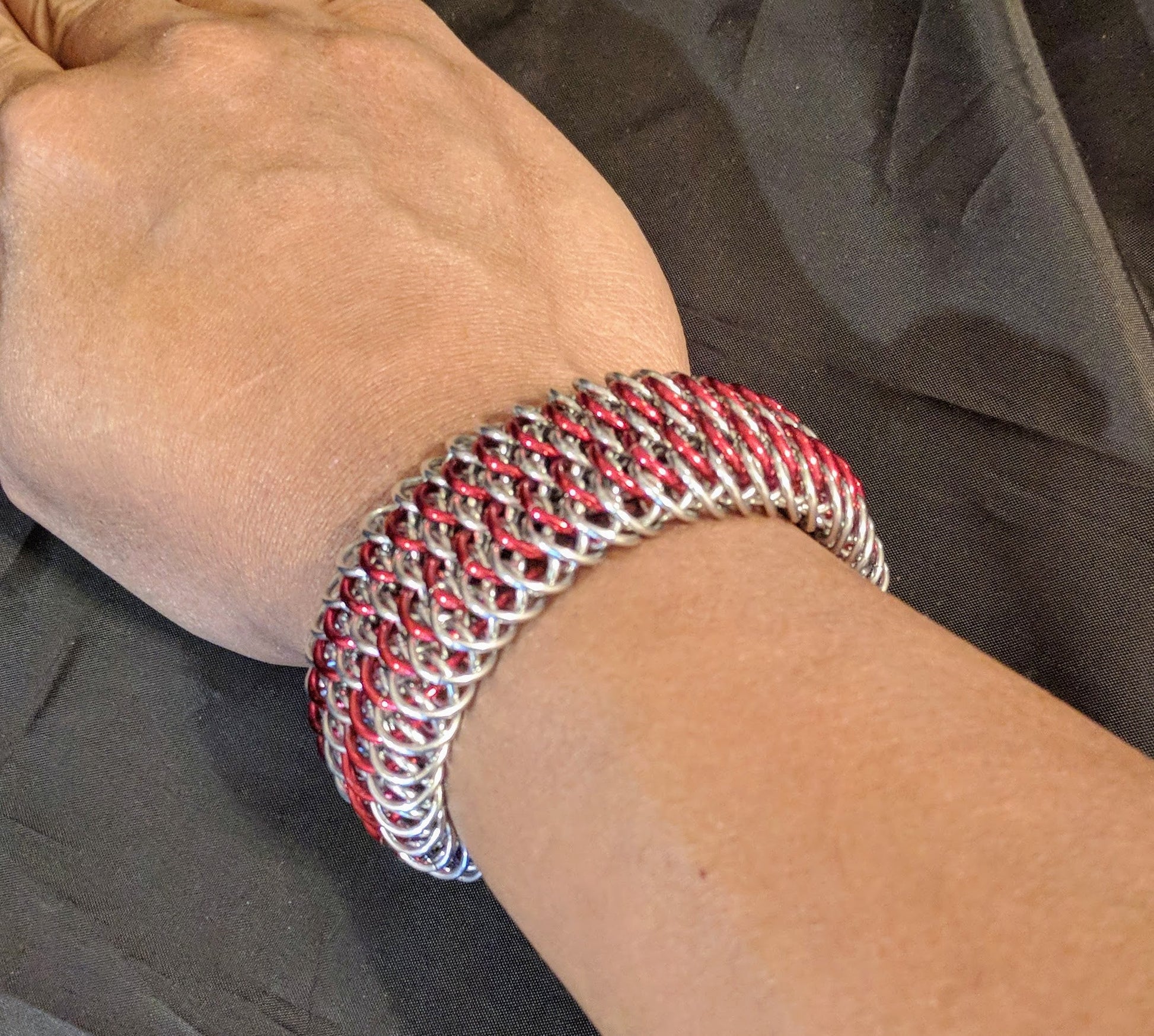 Red and Silver Dragonscale Weave Bracelet Chainmail Bracelets Dragon & Wolf Designs
