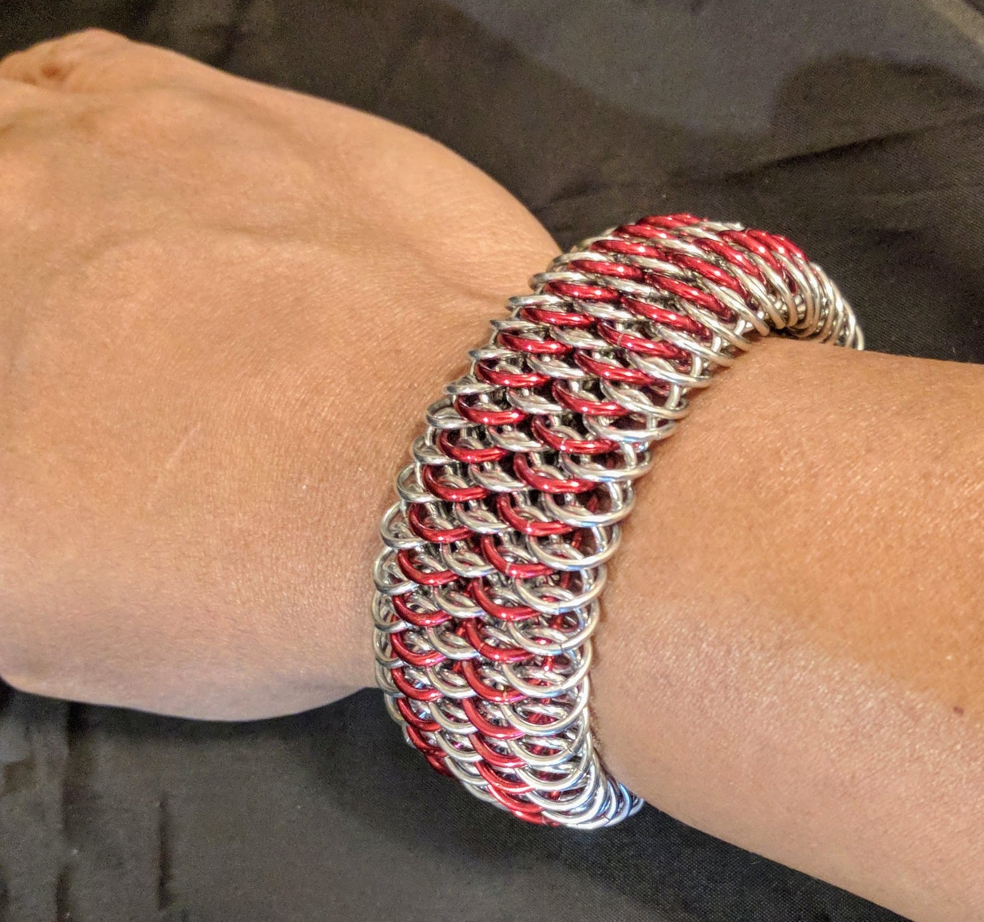 Red and Silver Dragonscale Weave Bracelet Chainmail Bracelets Dragon & Wolf Designs