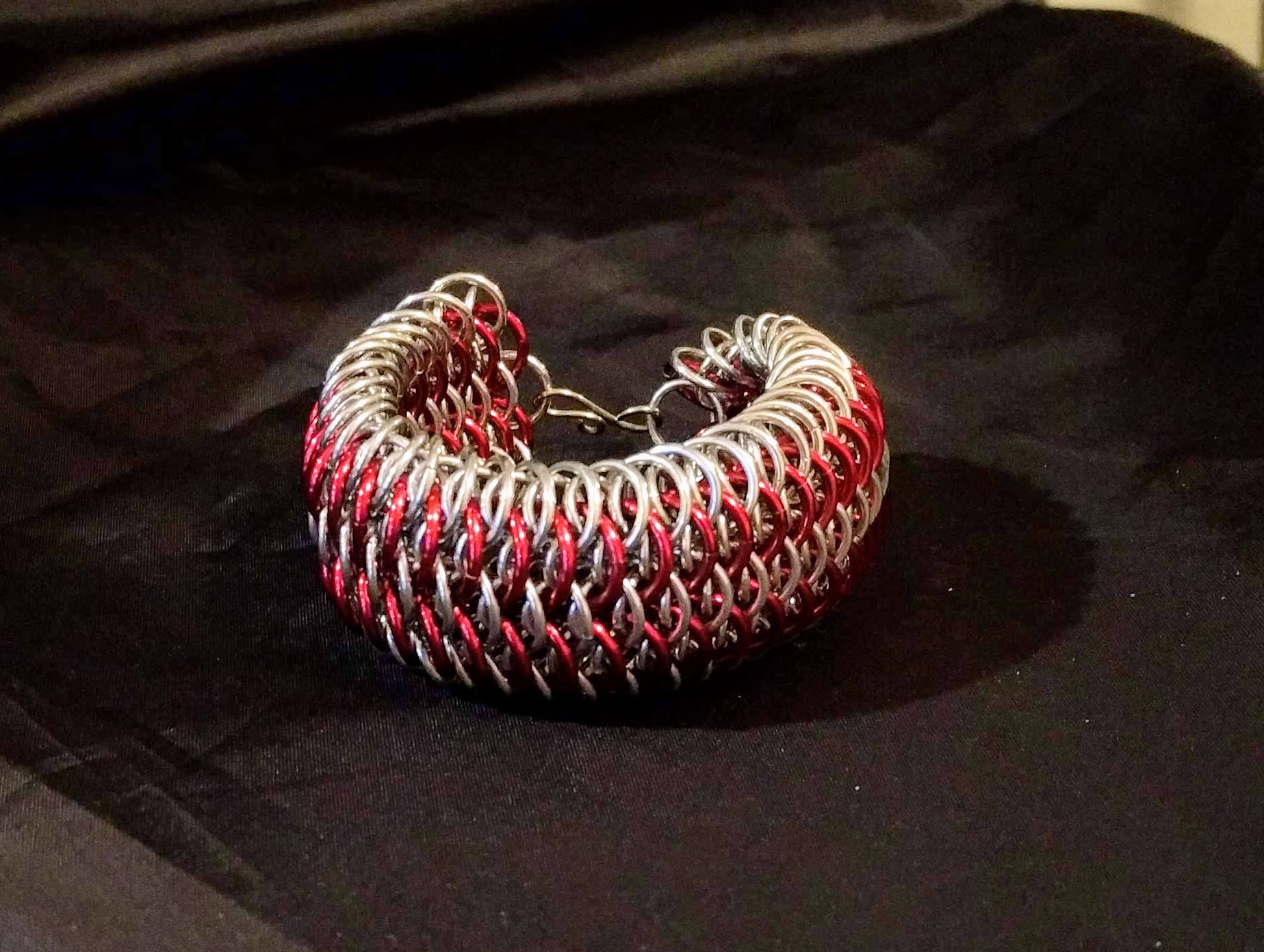 Red and Silver Dragonscale Weave Bracelet Chainmail Bracelets Dragon & Wolf Designs