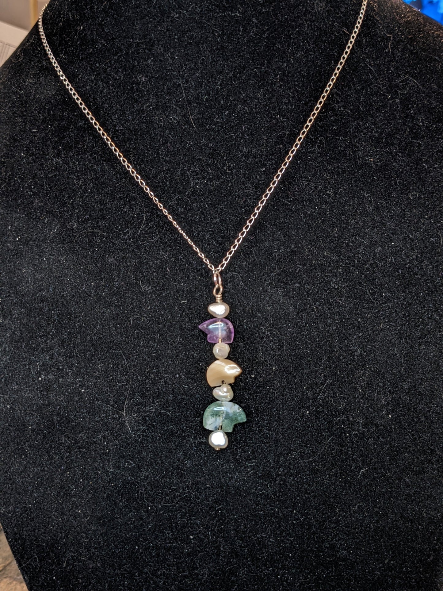 Wire Wrapped Bears & Pearls Pendant Necklace