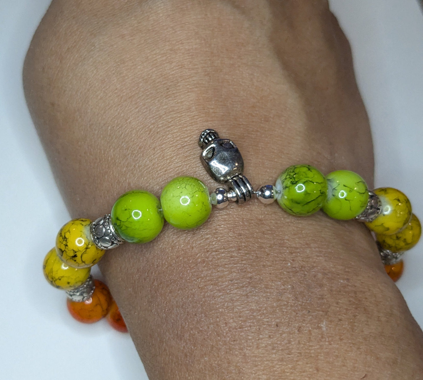 Colorful Beaded Bracelet With Silver Toned Skull Focal