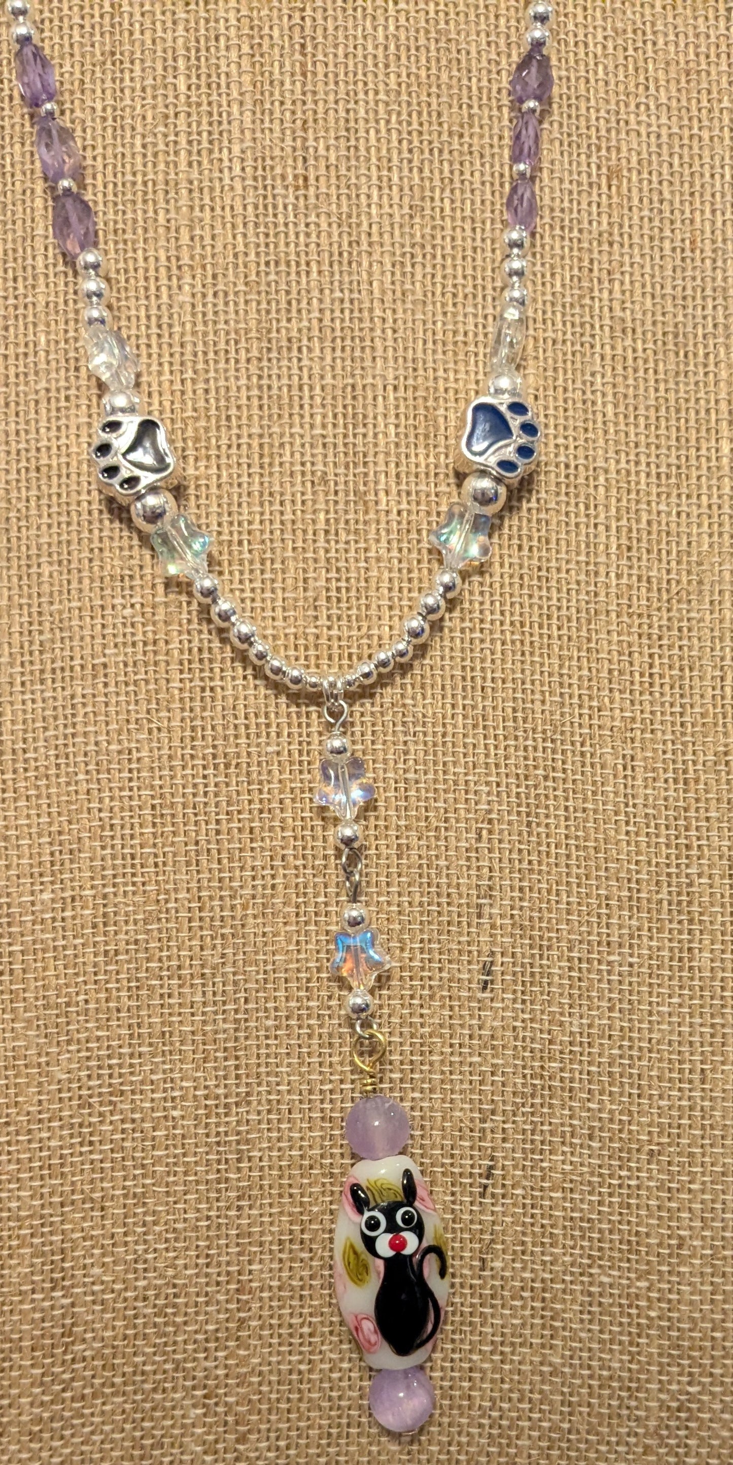 Hand painted Glass Cat Pendant on a Beaded Necklace