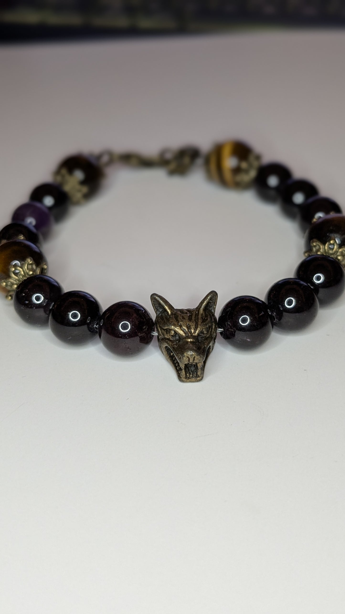 Tiger Eye and Garnet Beaded Bracelet with Wolf Head Focal