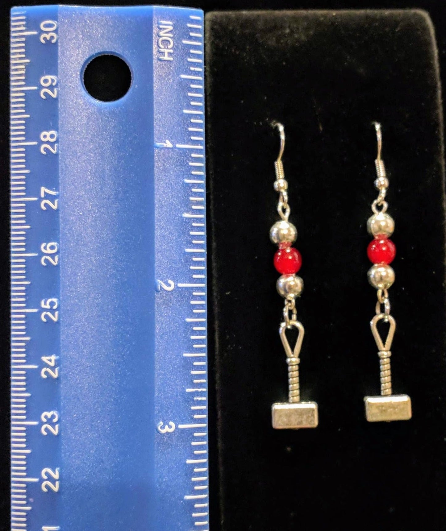 Beaded Silver Toned Hammer Charm Dangle Earrings Beaded Earrings Dragon & Wolf Designs
