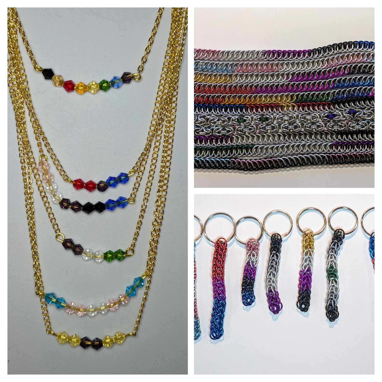 Collage of three pictures of pride jewelry. Picture one on the left shows beaded pride necklaces, pic 2 shows several types of chainmail pride bracelets, and pic 3 shows several pride keychains