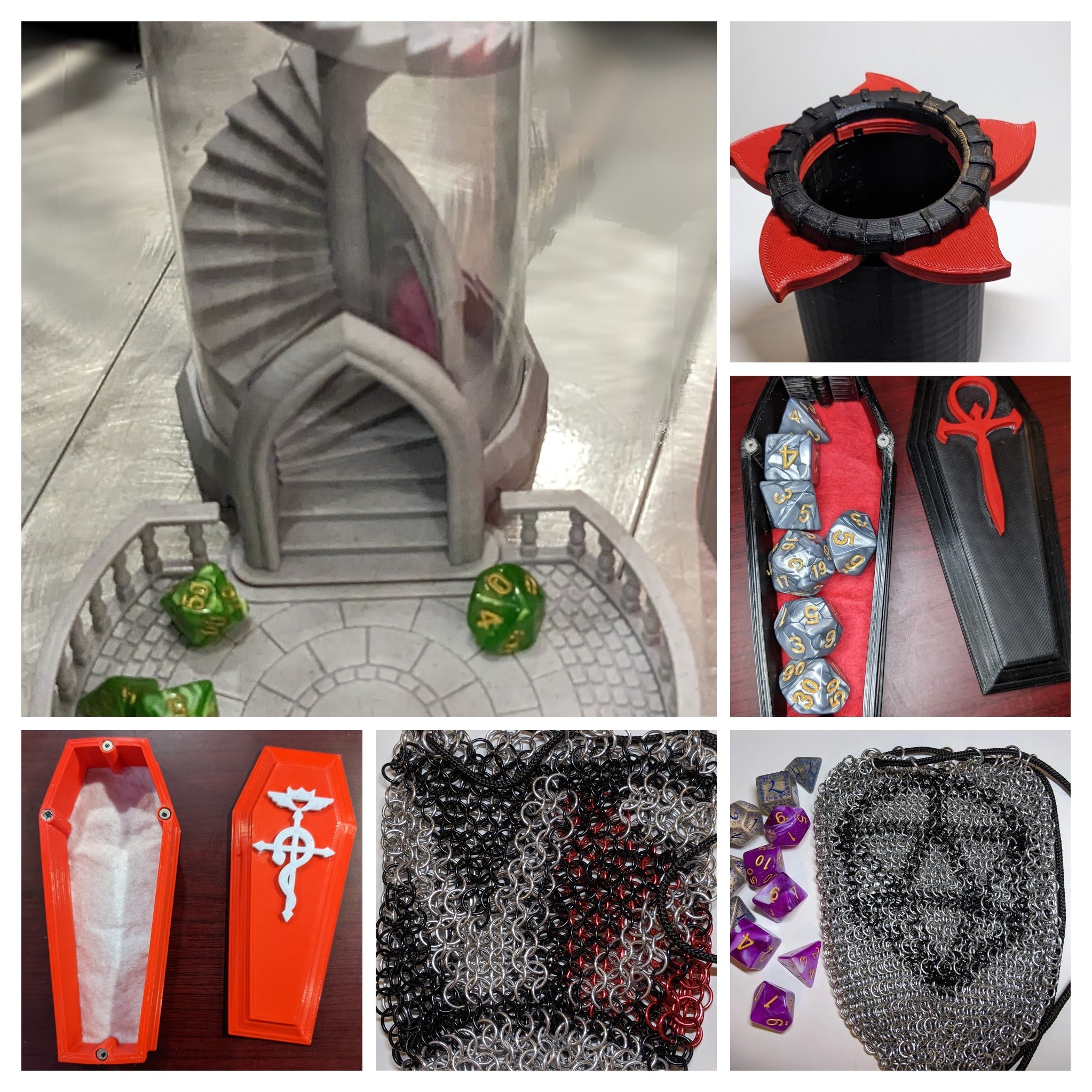 Collage of six pictures of dice tower, dice cups, dice coffins and chainmail dice bags