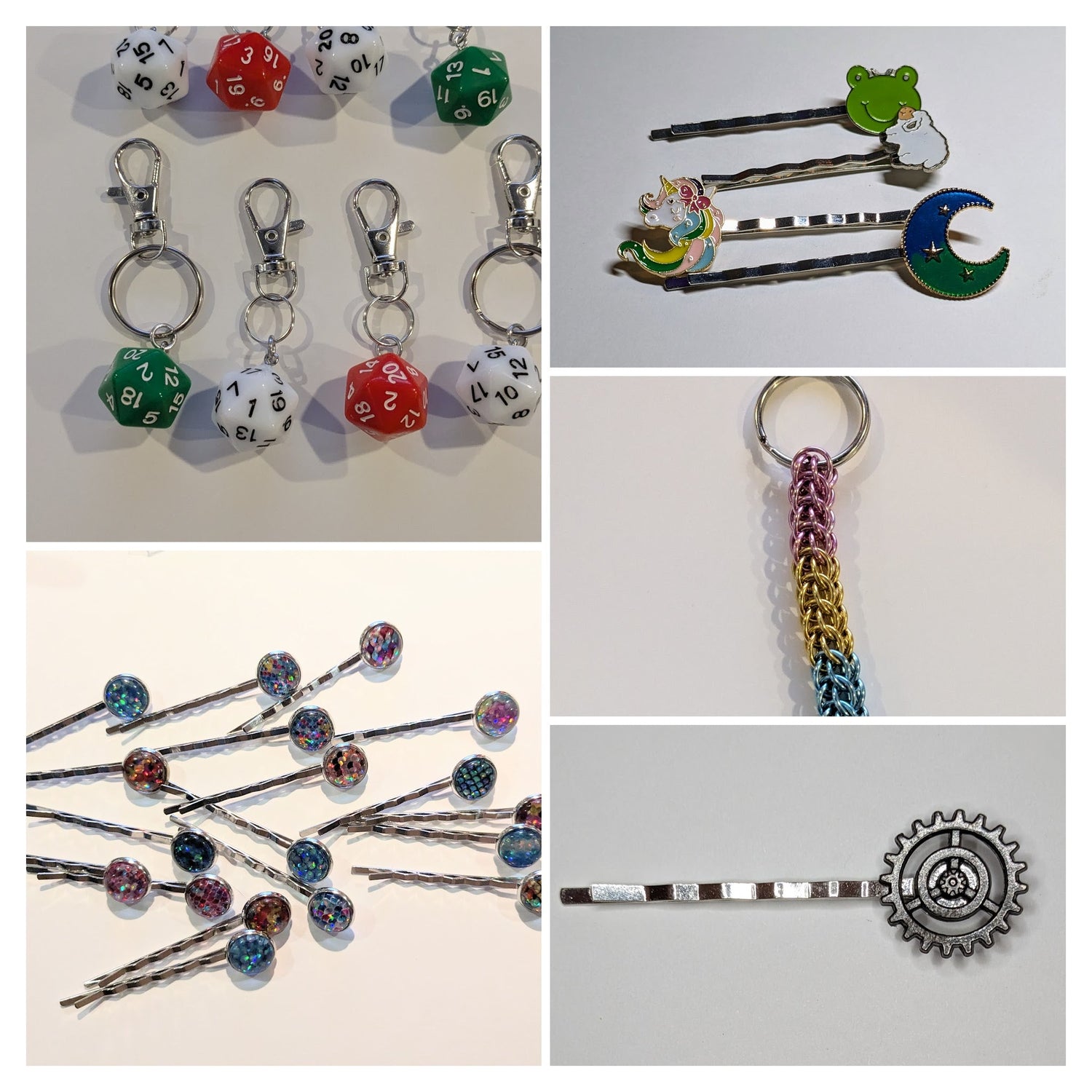 Collage of 5 pictures showing different type of accessories including hair pins and keychains