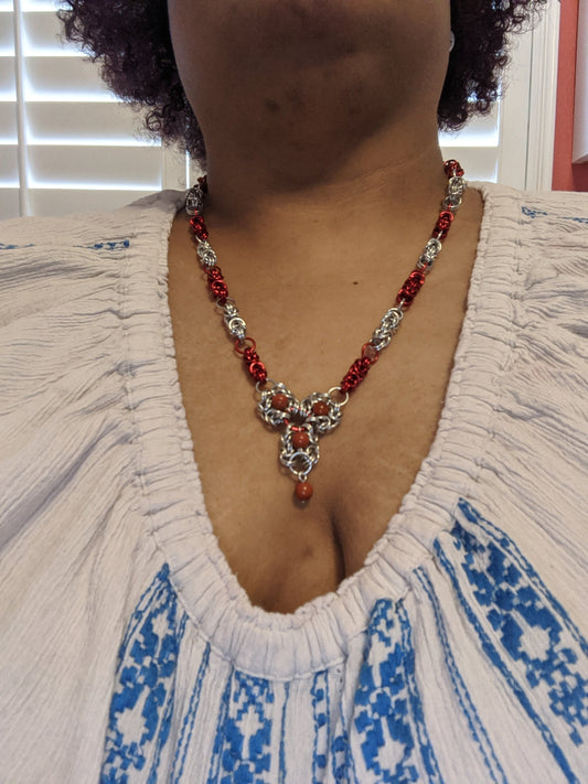 Red Jasper Romanov Focal Chainmail Necklace Chainmail Necklaces Dragon & Wolf Designs   