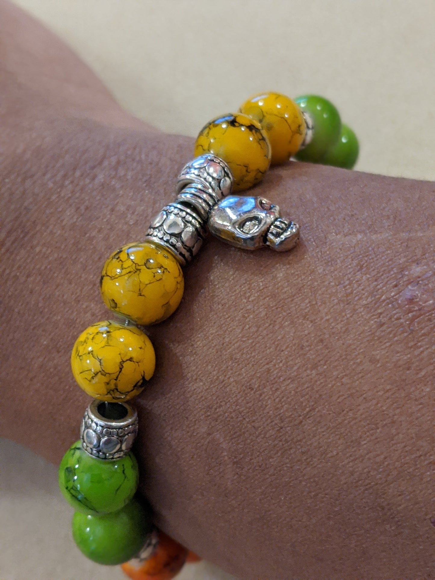 Colorful Beaded Bracelet With Silver Toned Skull Focal Beaded Bracelets Dragon & Wolf Designs   