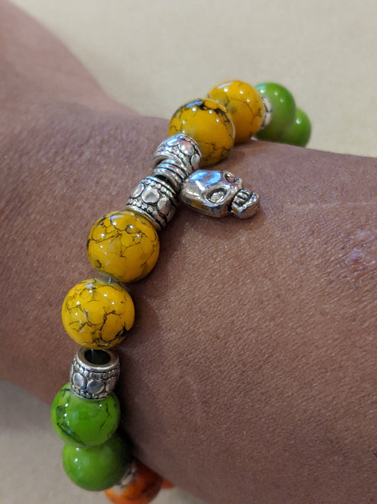 Colorful Beaded Bracelet With Silver Toned Skull Focal Beaded Bracelets Dragon & Wolf Designs   