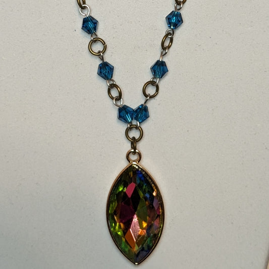 Stunning Beaded Link Necklace with Iridescent Marquise Pendant