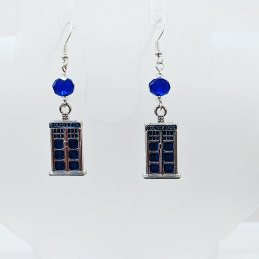 Police Call Box Earrings Dangle Earrings Dragon & Wolf Designs Dark blue rondelle  