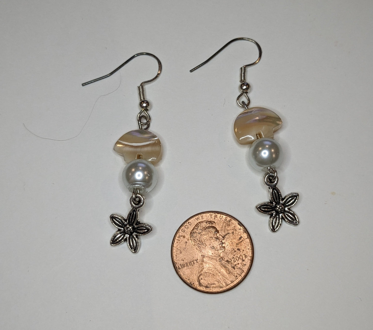 Shell & Pearl Bear Flower Dangle Earrings