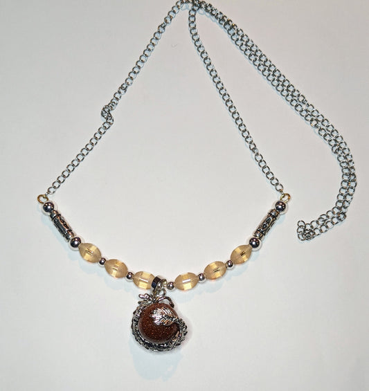 Goldstone and Dragon Pendant on Beaded Necklace