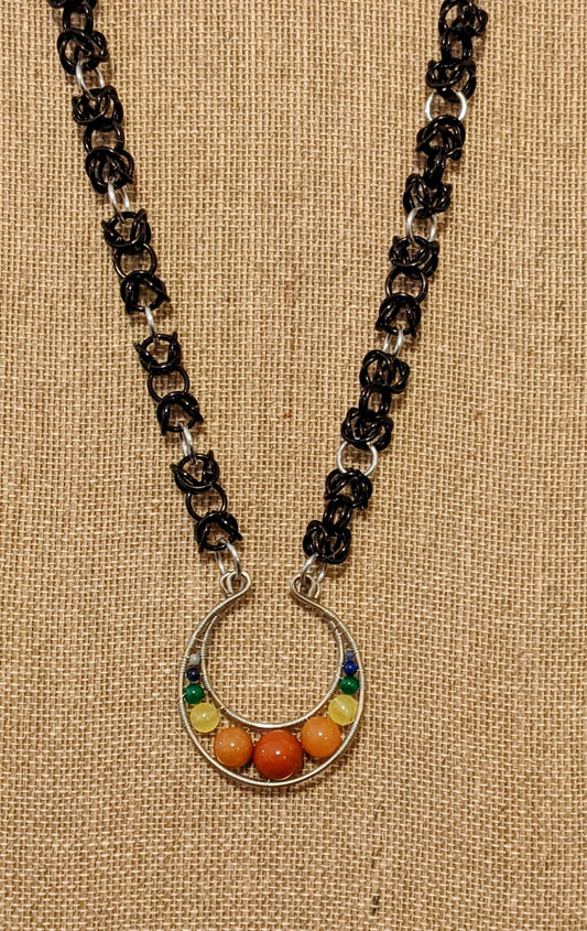 Handcrafted chainmail necklace with  wire wrapped natural stone pendant Chainmail Necklaces Dragon & Wolf Designs Modified Byzantine Short  