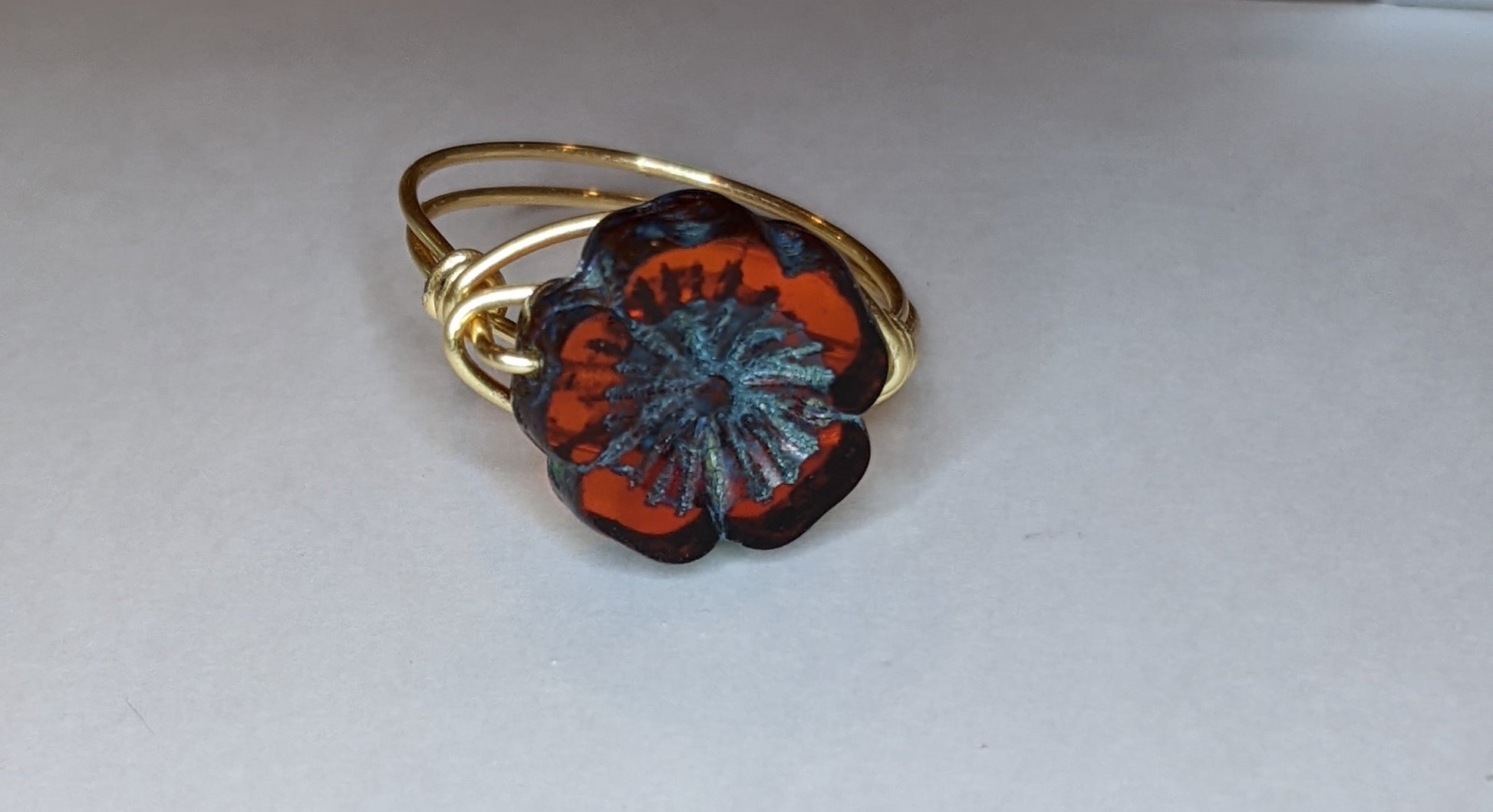 Wire Wrapped Gemstone Rings Rings Dragon & Wolf Designs Czech Pressed Glass Flower  