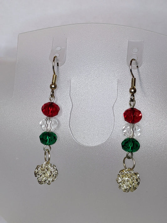 Festive dangle earrings with silver chain and red, crystal, and green faceted glass beads with french hook ear wires
