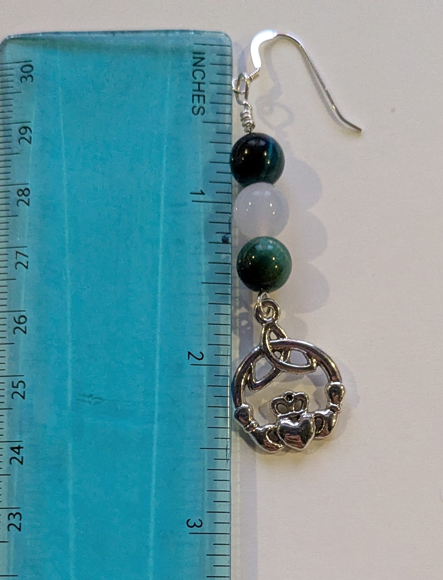 Gemstone Bead Earrings with Silver Claddagh Charms