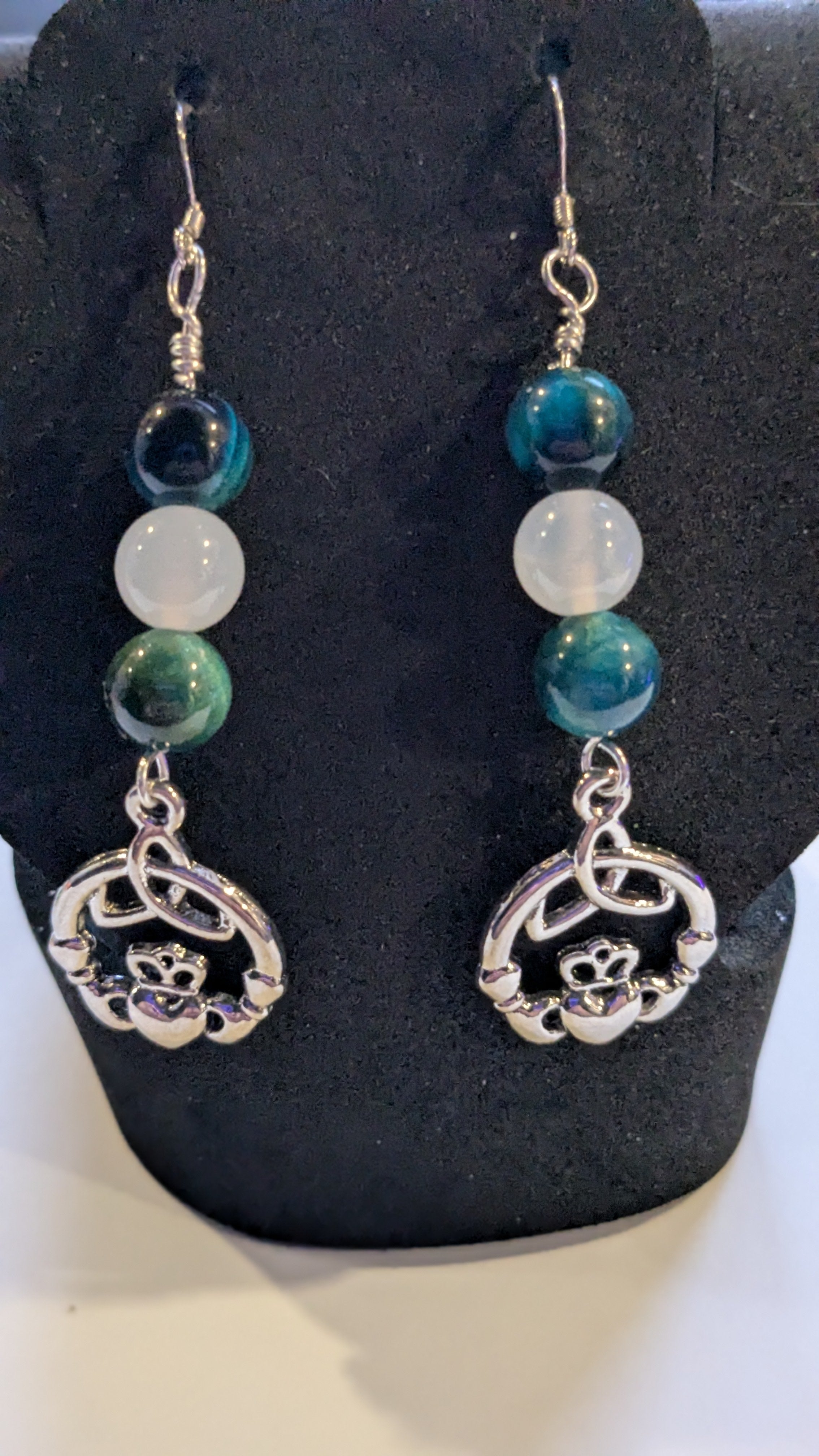 Gemstone Bead Earrings with Silver Claddagh Charms
