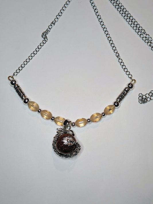 Goldstone and Dragon Pendant on Beaded Necklace
