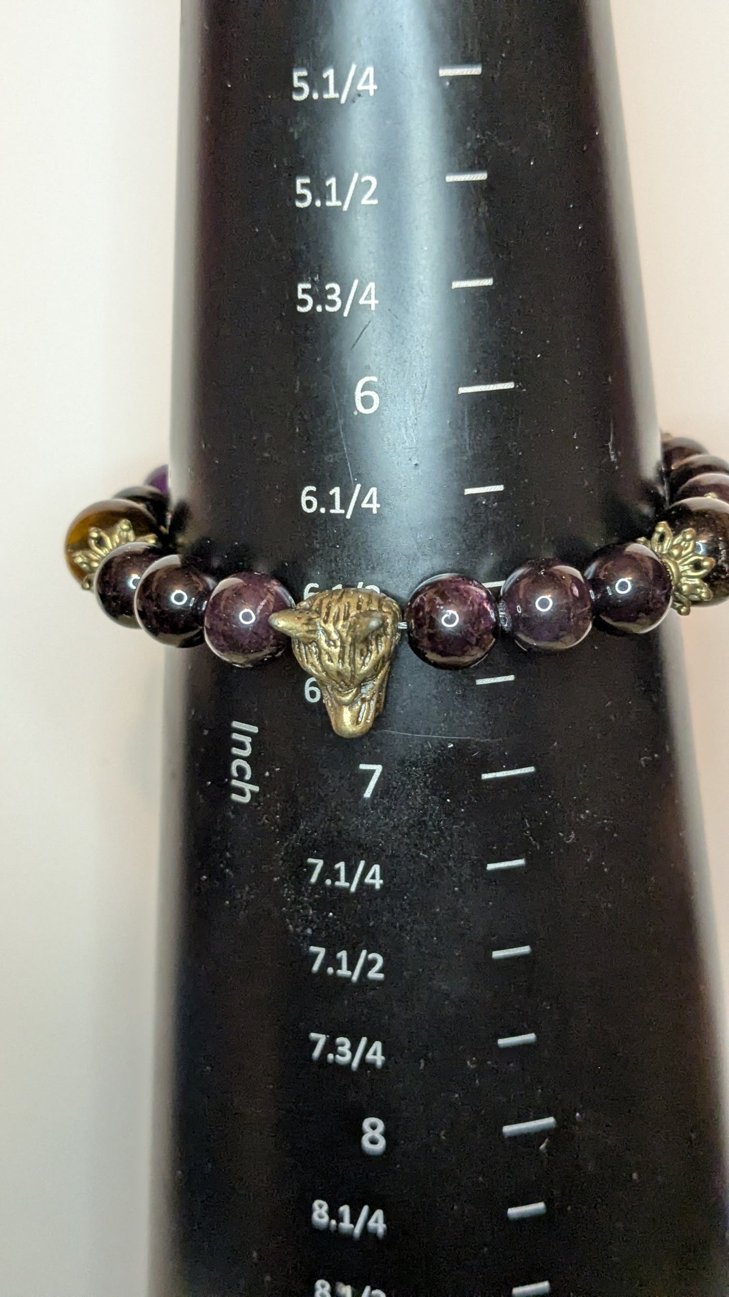 Tiger Eye and Garnet Beaded Bracelet with Wolf Head Focal
