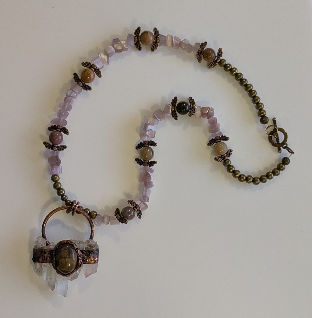 Autumnal Beaded Necklace with Petrified Wood Beads and Amethyst Chips with Rustic Electroplated Natural Quartz Pendant