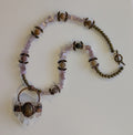 Autumnal Beaded Necklace with Petrified Wood Beads and Amethyst Chips with Rustic Electroplated Natural Quartz Pendant