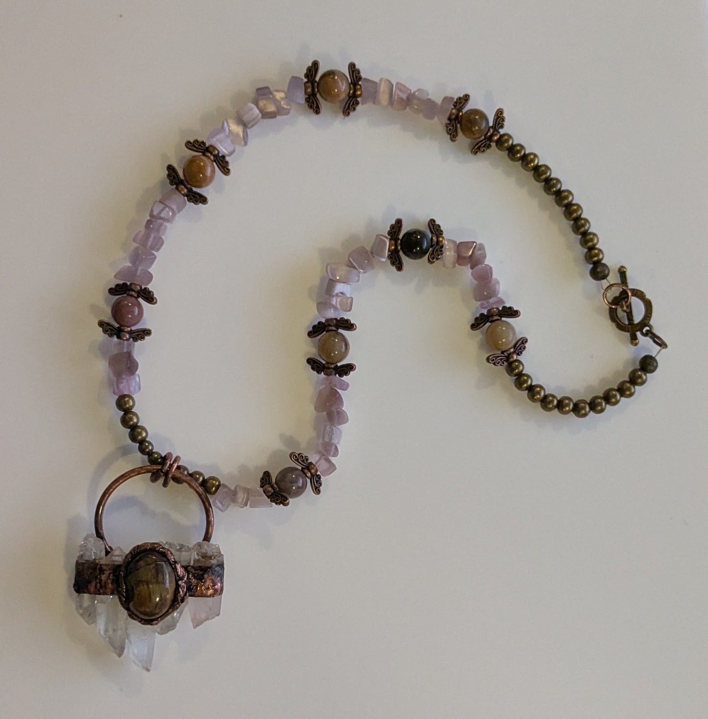 Autumnal Beaded Necklace with Petrified Wood Beads and Amethyst Chips with Rustic Electroplated Natural Quartz Pendant